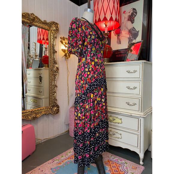 vintage style silk floral maxi dress backless puff sleeves med polka dot trim - Picture 4 of 11